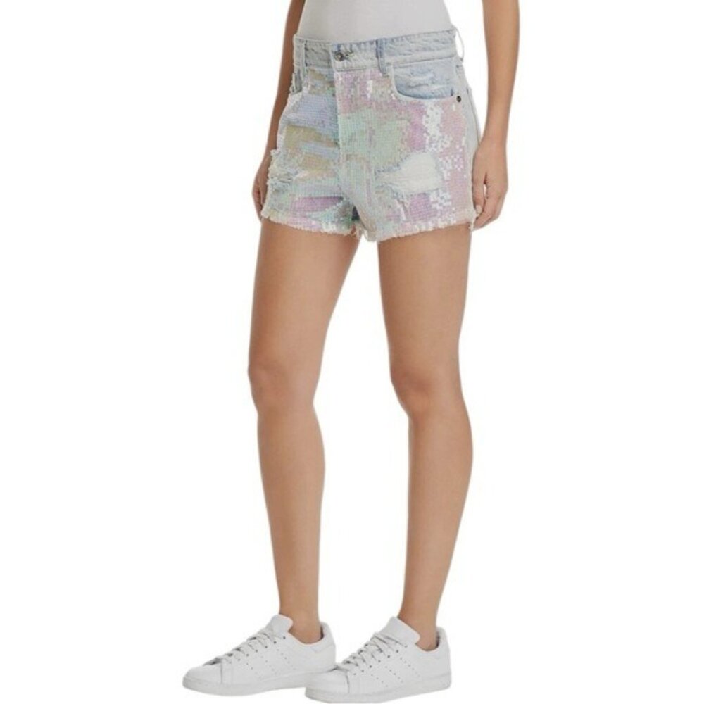 Sunset‎ + Spring Mermaid Sequin Denim Shorts Distressed Size 27 | $288 Retail